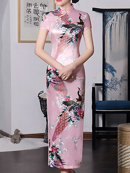 Women's Dress - Cheongsam Floral Mandarin Collar Chinoiserie Dress Long Dress Maxi Dress Light Pink Black Blue Short Sleeve Spring Summer Weekend S M L XL XXL 3XL 4XL 5XL 6XL