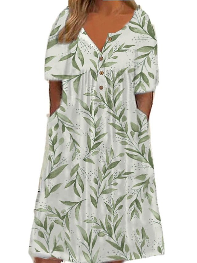 Women's Dress - Plus Size Casual Dress Apple Shape Dress Floral V Neck Print Midi Dress Short Sleeve Spring Summer Dress Casual Elegant