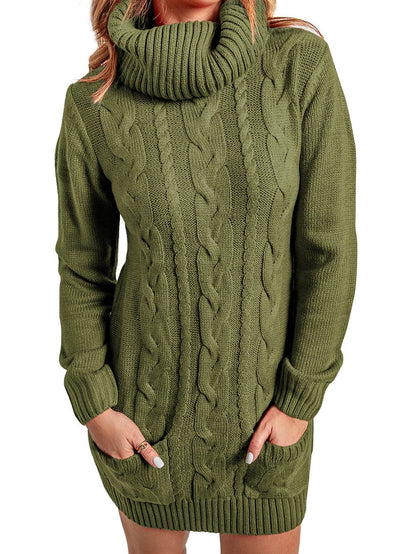 Olive Cable Knit Cowl Neck Sweater Dress