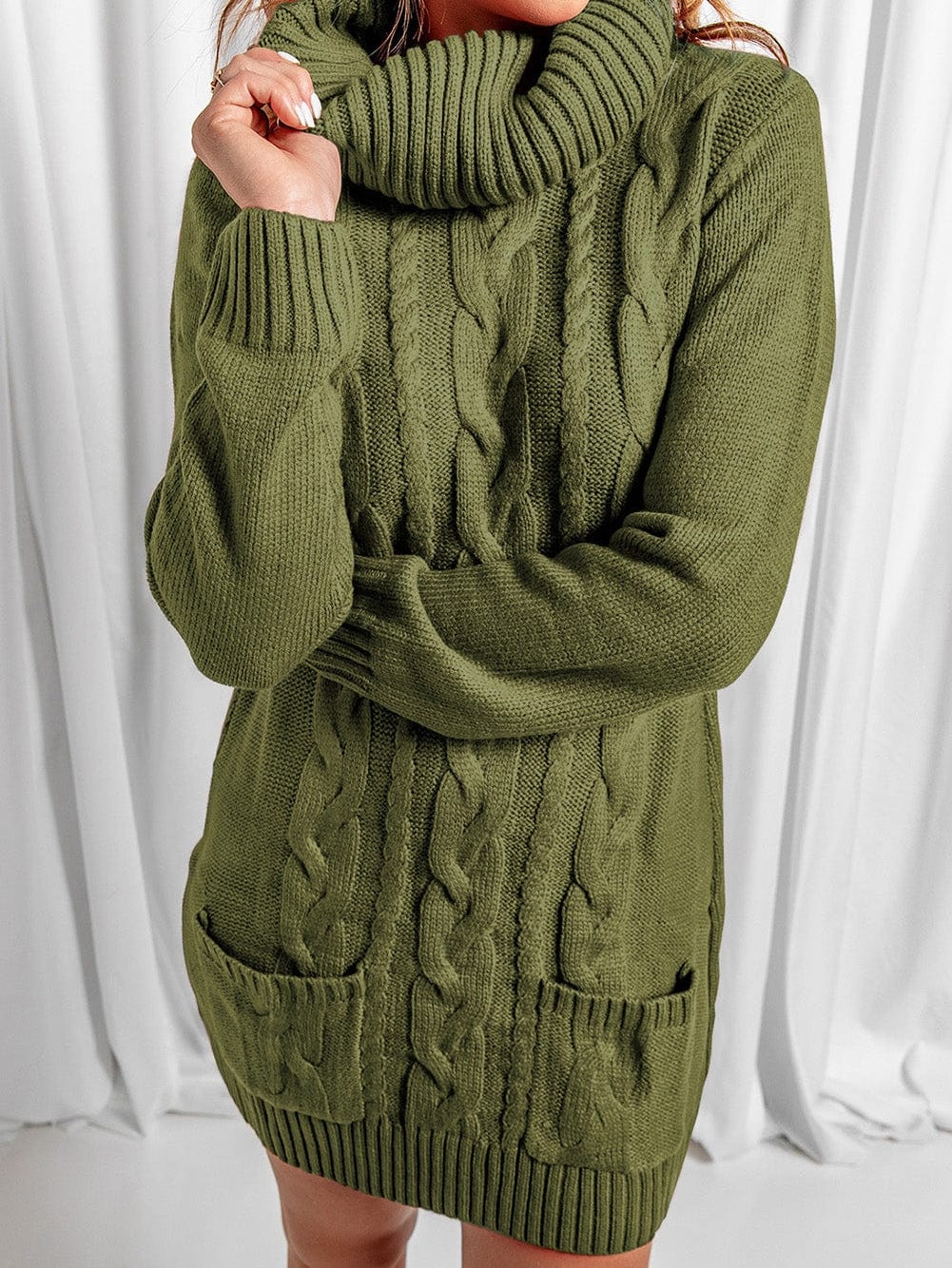 Olive Cable Knit Cowl Neck Sweater Dress