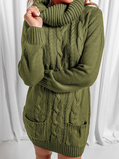 Olive Cable Knit Cowl Neck Sweater Dress