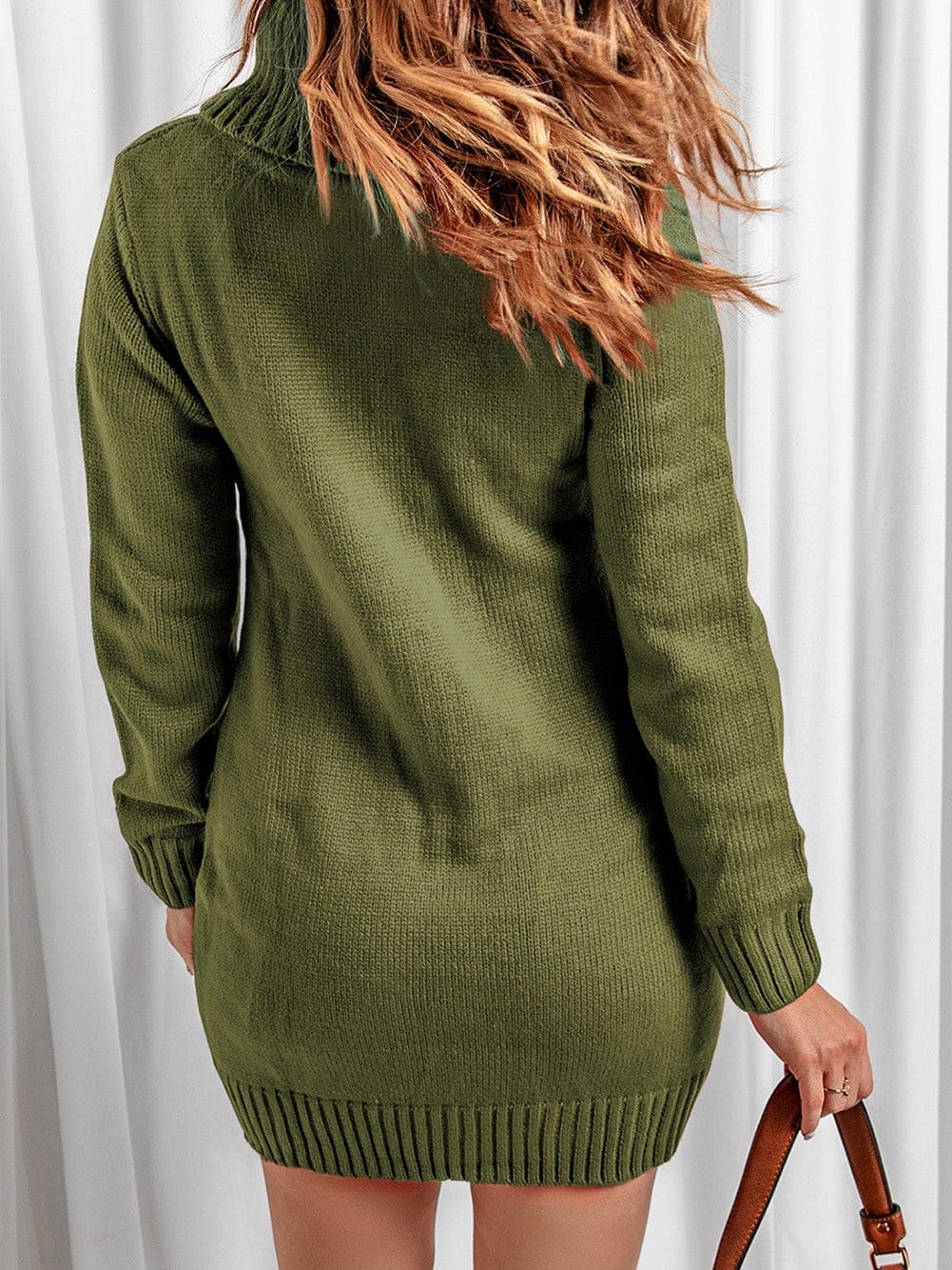 Olive Cable Knit Cowl Neck Sweater Dress