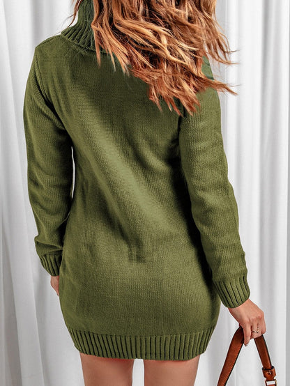 Olive Cable Knit Cowl Neck Sweater Dress
