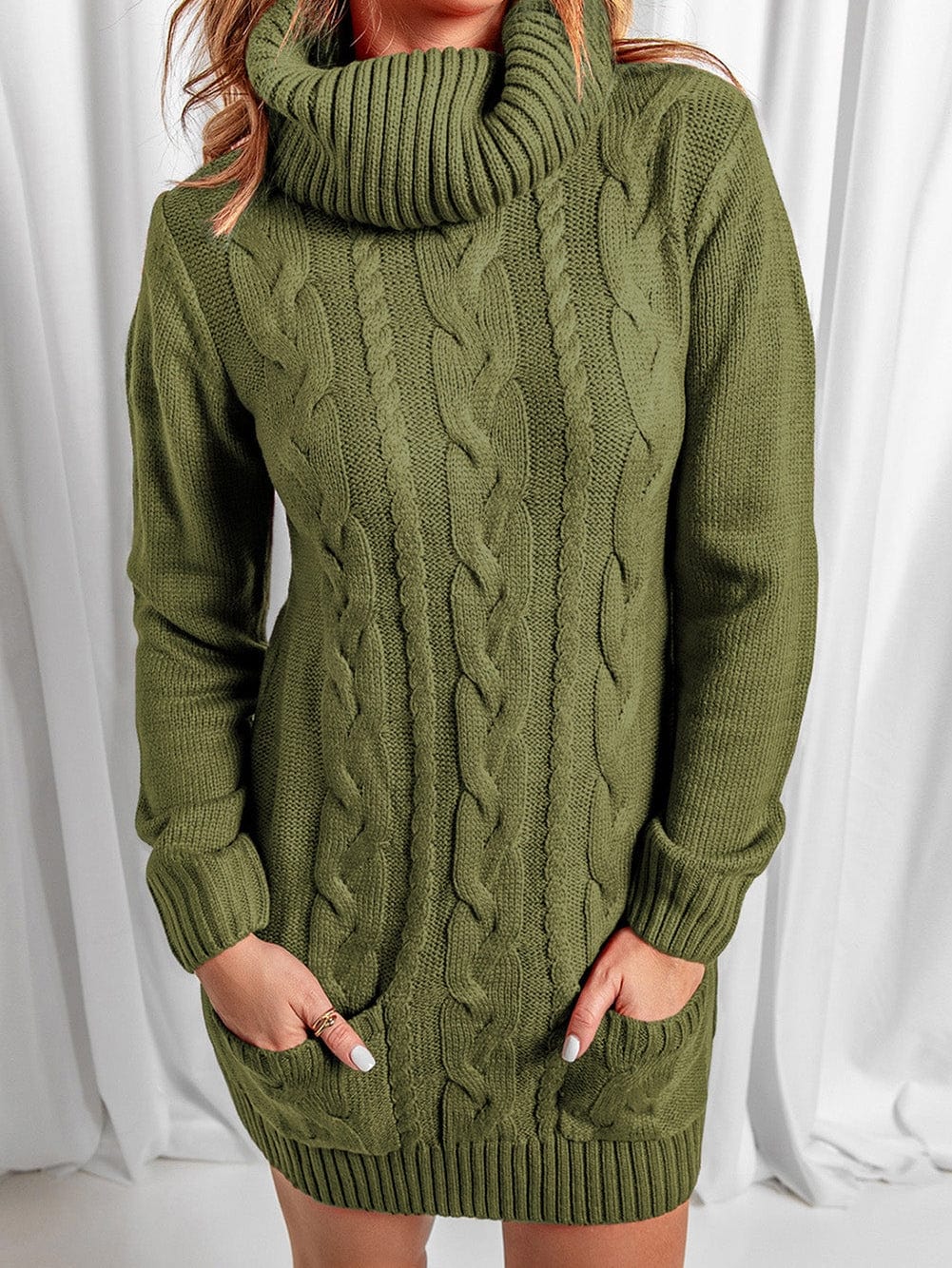 Olive Cable Knit Cowl Neck Sweater Dress
