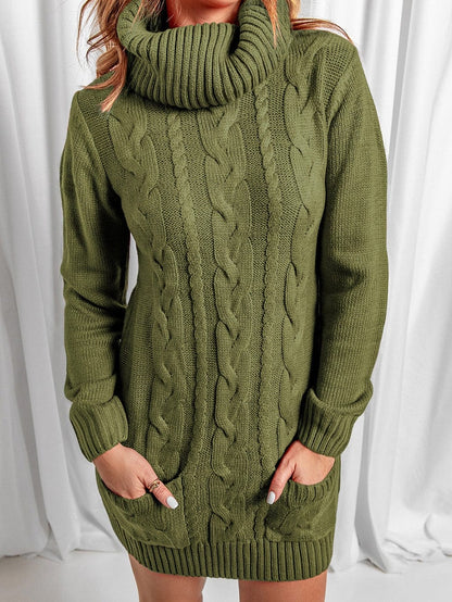 Olive Cable Knit Cowl Neck Sweater Dress