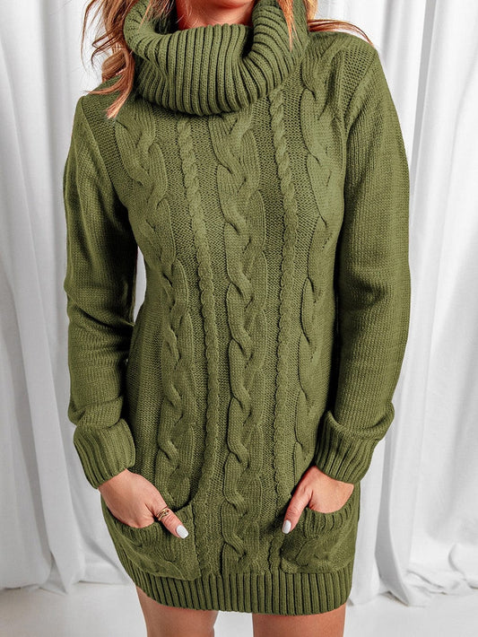Olive Cable Knit Cowl Neck Sweater Dress