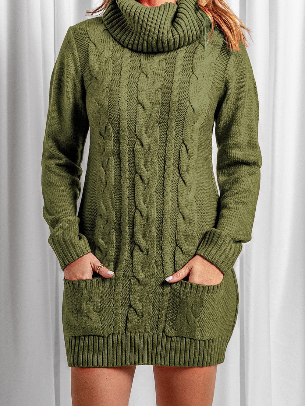 Olive Cable Knit Cowl Neck Sweater Dress