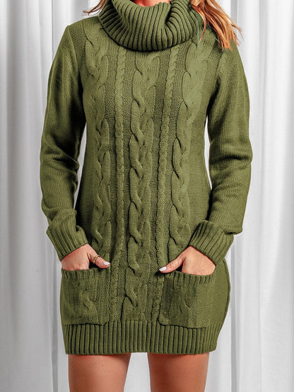 Olive Cable Knit Cowl Neck Sweater Dress