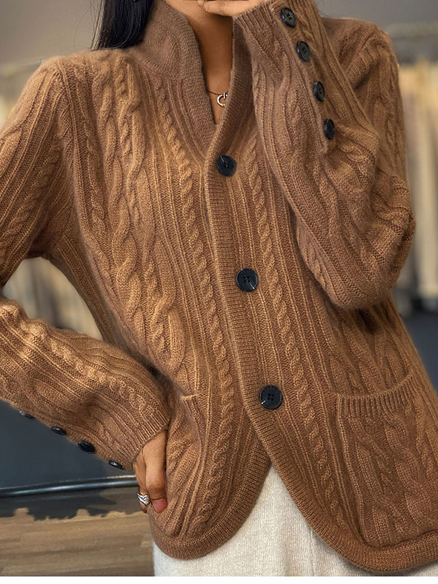 Women's Cardigan Sweater V Neck Cable Knit Polyester Button Pocket Fall Winter Short Daily Going out Weekend Stylish Casual Soft Long Sleeve Solid Color White Camel Brown S M L