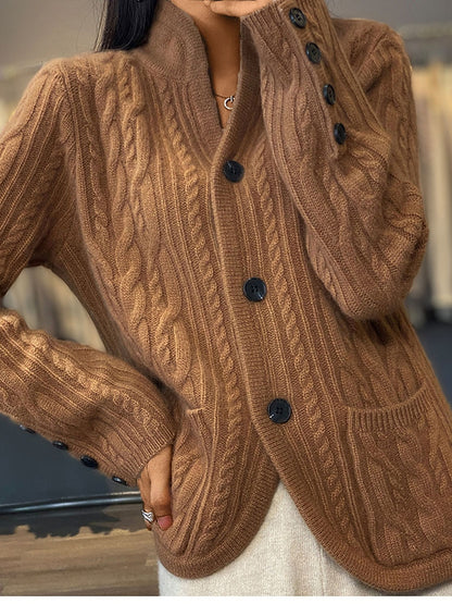 Women's Cardigan Sweater V Neck Cable Knit Polyester Button Pocket Fall Winter Short Daily Going out Weekend Stylish Casual Soft Long Sleeve Solid Color White Camel Brown S M L