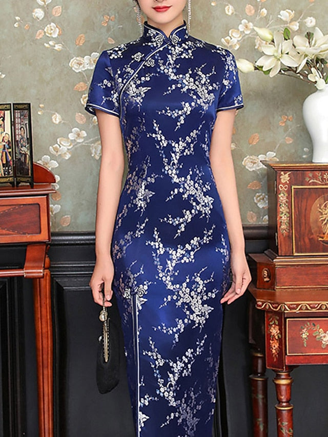 Women's Dress - Semi Formal Dress Sheath Dress Cheongsam Dress Maxi long Dress Black Pink Wine Short Sleeve Floral Embroidered Summer Spring Mandarin Collar Elegant Wedding Guest Spring Dress Slim 2023 S M L