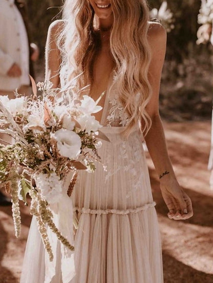 Beach Sexy Boho Wedding Dresses A-Line V Neck Sleeveless Floor Length Tulle Bridal Gowns With Appliques 2023 Summer Wedding Party, Women's Clothing - LuckyFash™