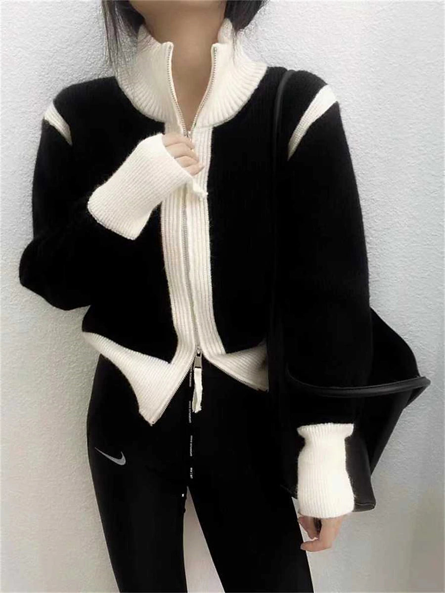 Women's Cardigan Sweater Stand Collar Ribbed Knit Knit Patchwork Zipper Fall Winter Regular Outdoor Daily Going out Stylish Casual Soft Long Sleeve Color Block Black White Green S M L