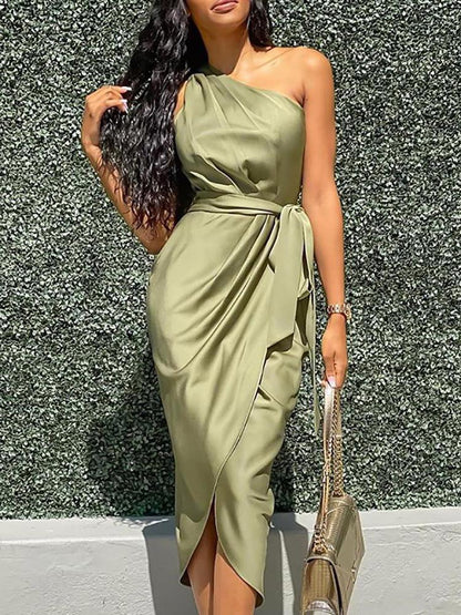 Midi Dresses - One Shoulder Ruched Slit Dress - MsDressly