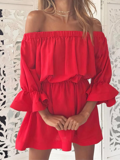 One shoulder Waisted Three-quarter Sleeve Dress