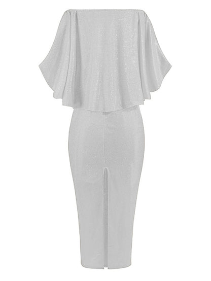 Women's Dress - Formal Party Dress Cocktail Dress Long Dress Maxi Dress Silver Black Champagne Half Sleeve Pure Color Cold Shoulder Winter Fall Spring Off Shoulder Mature Evening Party Wedding