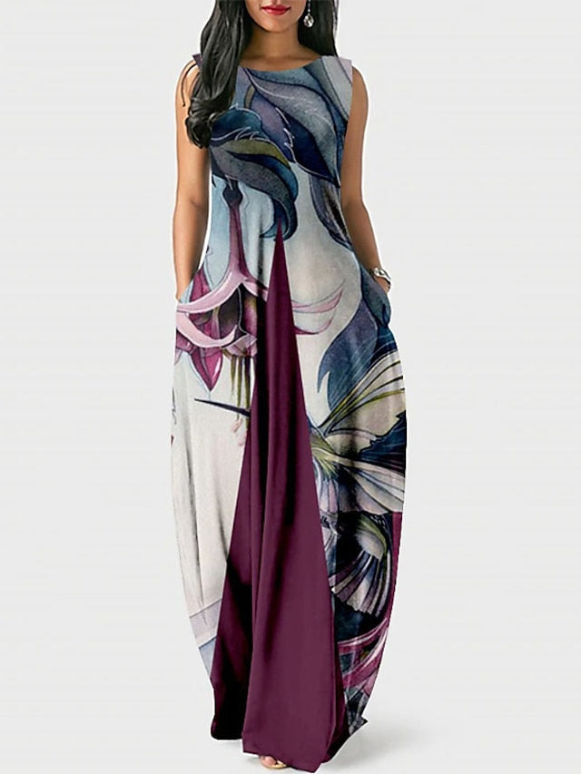 Women's Dress - Party Dress Shift Dress Long Dress Maxi Dress Blue Wine Dark Blue Sleeveless Floral Pocket Spring Summer Crew Neck Party 2023 S M L XL XXL 3XL