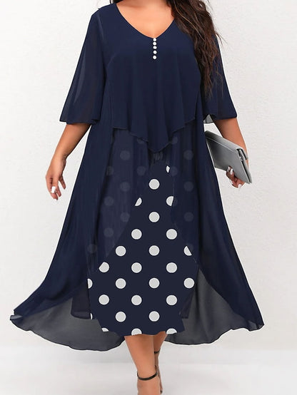 Women's Dress - Plus Size Holiday Dress Polka Dot V Neck Layered 3/4 Length Sleeve Spring Fall Elegant Maxi long Dress Formal Party Dress