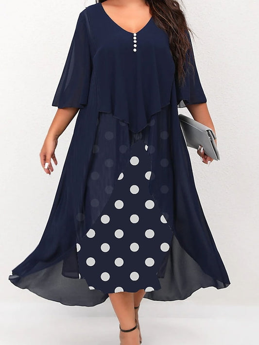 Women's Dress - Plus Size Holiday Dress Polka Dot V Neck Layered 3/4 Length Sleeve Spring Fall Elegant Maxi long Dress Formal Party Dress