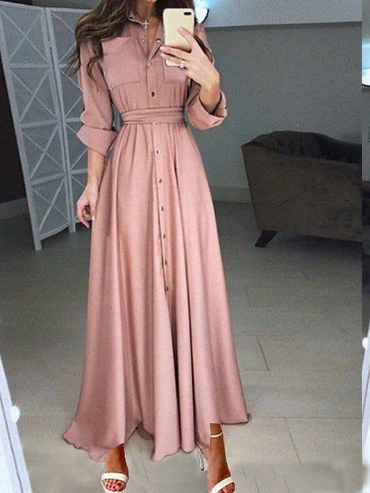 Women's Dress - Shirt Dress Chiffon Dress Swing Dress Maxi long Dress Formal Winter Dress Causal Polyester Fashion Elegant Stand Collar Pleated Button Long Sleeve Spring Fall Winter 2023 Regular Fit Black