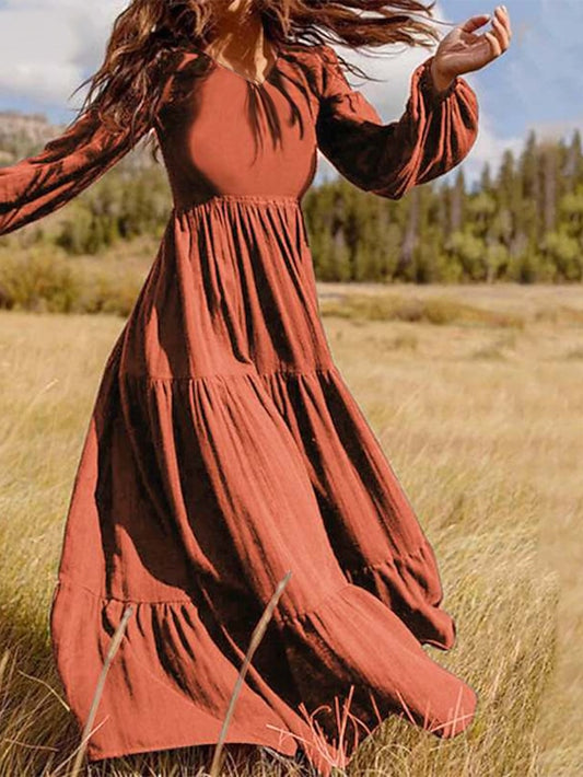 Women's Dress - Swing Dress Long Dress Maxi Dress Dark Green Brown Black Long Sleeve Pure Color Ruched Pleated Patchwork Fall Spring V Neck Boho Casual Fall Dress Lantern Sleeve Loose Fit M L XL XXL XXXL 4XL