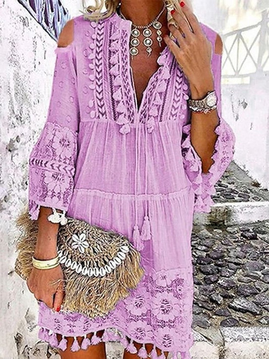 Women's Dress - Shift Dress Boho Dress Mini Dress White Yellow Pink 3/4 Length Sleeve Pure Color Tassel Fringe Summer Spring V Neck Vacation Loose Fit 2023 S M L XL XXL 3XL 4XL 5XL