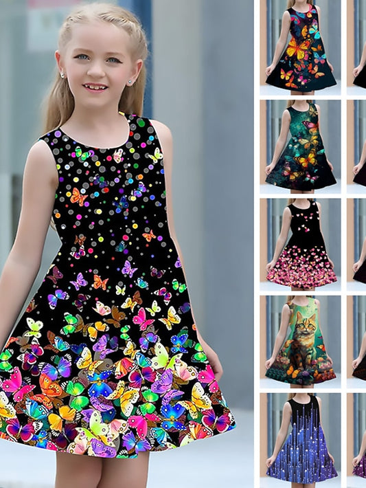 Girls' Casual Dress A Line Dress Tank Dress Sleeveless Graphic Butterfly 3D Printed Graphic Dresses Cute Casual Sweet Above Knee Polyester Dress Summer Spring Kids Sports & Outdoor Daily Holiday - LuckyFash™