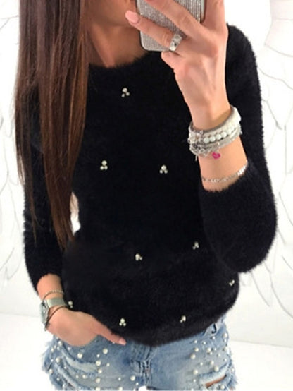 Women's Pullover Sweater Jumper Crew Neck Ribbed Knit Acrylic Beads Fall Winter Regular Outdoor Daily Going out Stylish Casual Soft Long Sleeve Solid Color Black White Pink XS S M