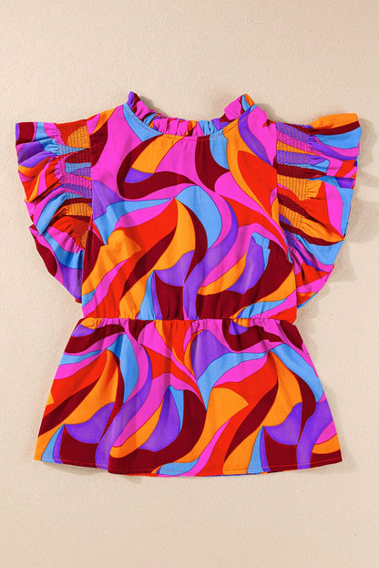 Orange Abstract Print Peplum Blouse with Flutter Sleeves