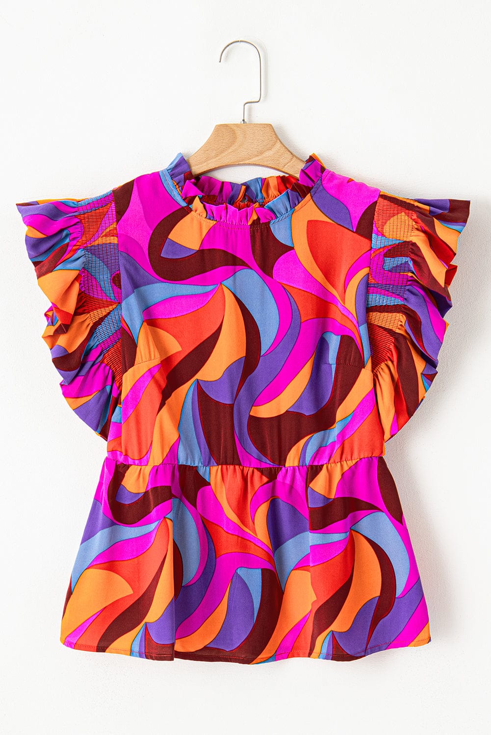 Orange Abstract Print Peplum Blouse with Flutter Sleeves