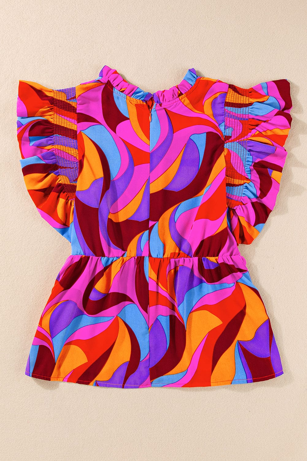 Orange Abstract Print Peplum Blouse with Flutter Sleeves