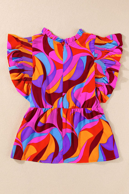 Orange Abstract Print Peplum Blouse with Flutter Sleeves