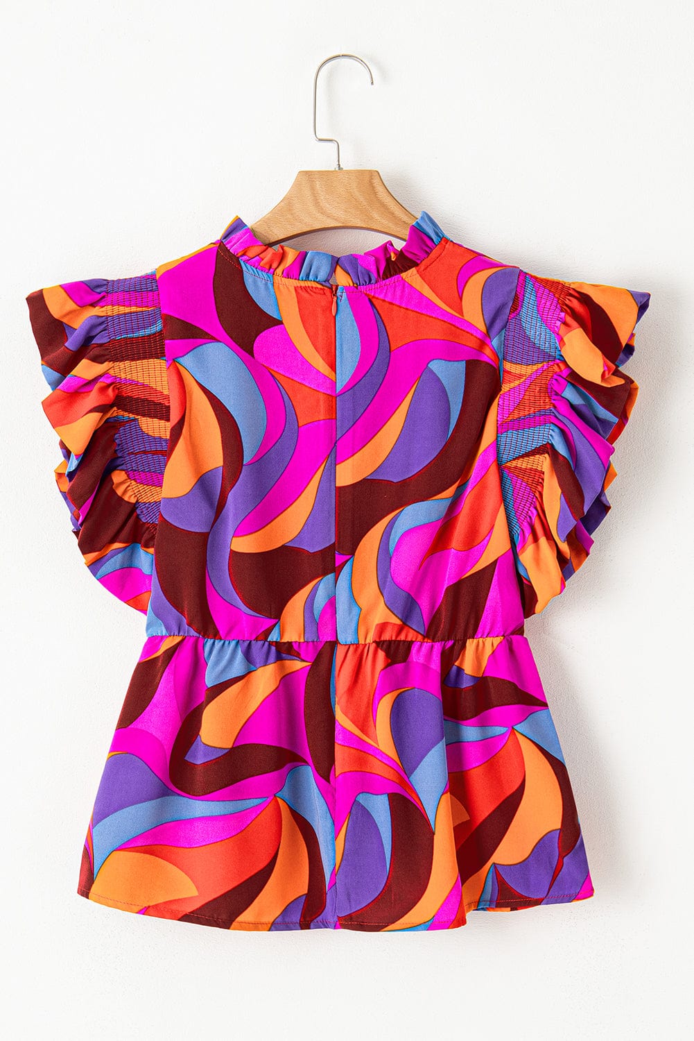 Orange Abstract Print Peplum Blouse with Flutter Sleeves