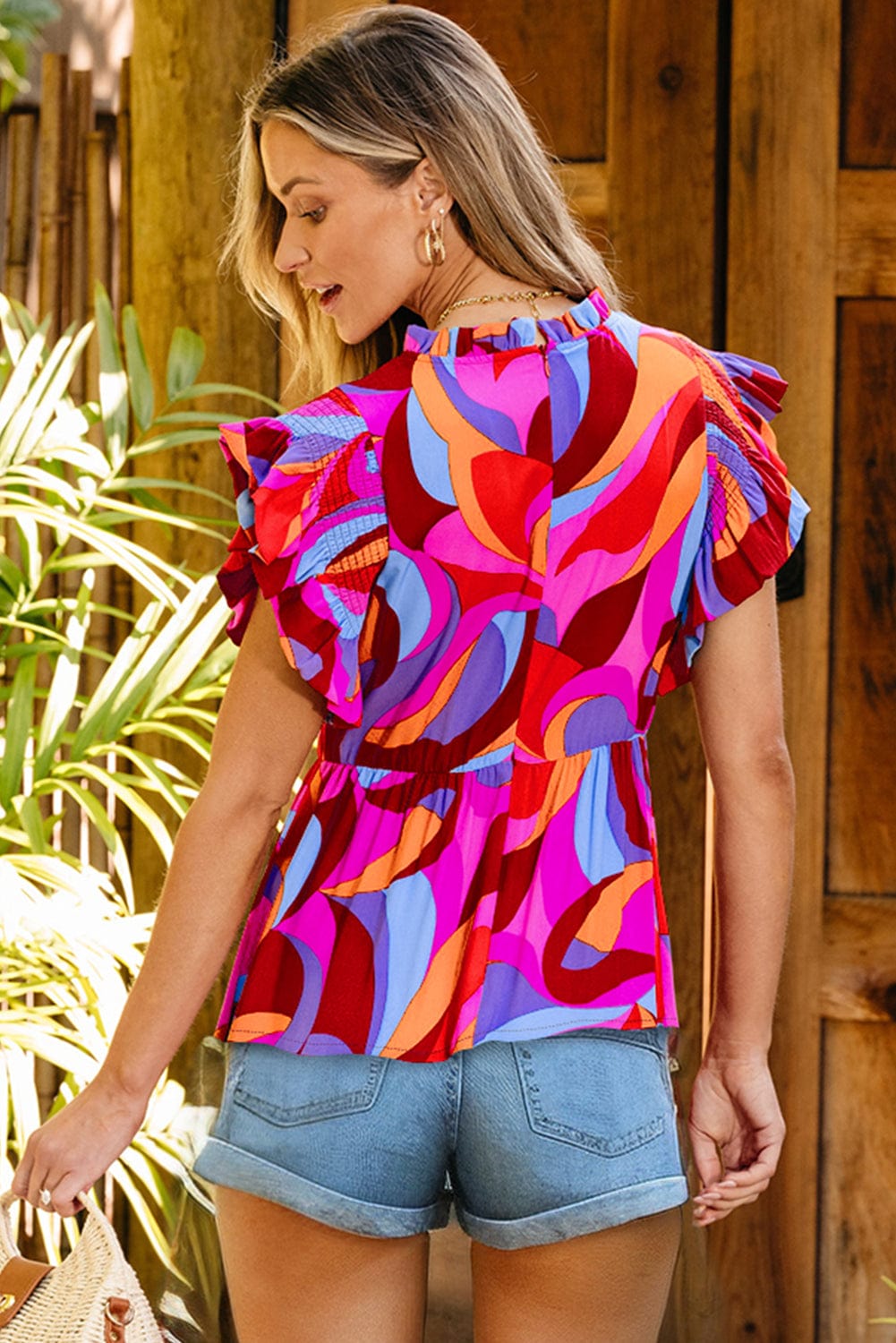 Orange Abstract Print Peplum Blouse with Flutter Sleeves