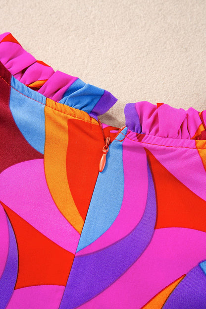 Orange Abstract Print Peplum Blouse with Flutter Sleeves