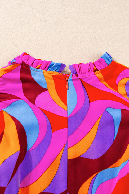 Orange Abstract Print Peplum Blouse with Flutter Sleeves