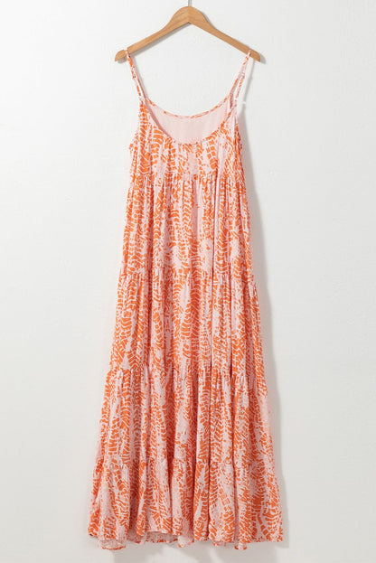 Orange Abstract Print Ruffle Tiered Backless Maxi Dress