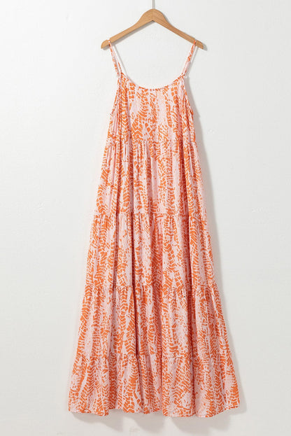 Orange Abstract Print Ruffle Tiered Backless Maxi Dress