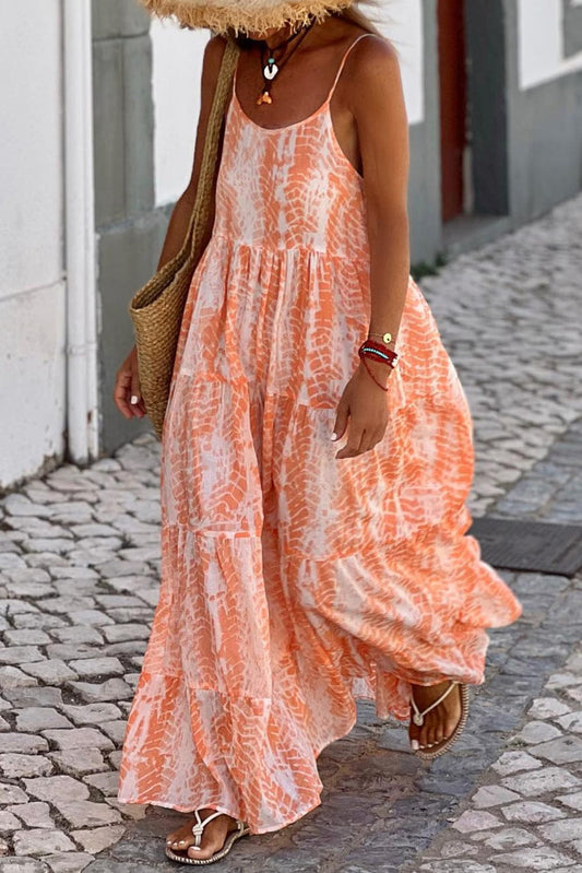 Orange Abstract Print Ruffle Tiered Backless Maxi Dress