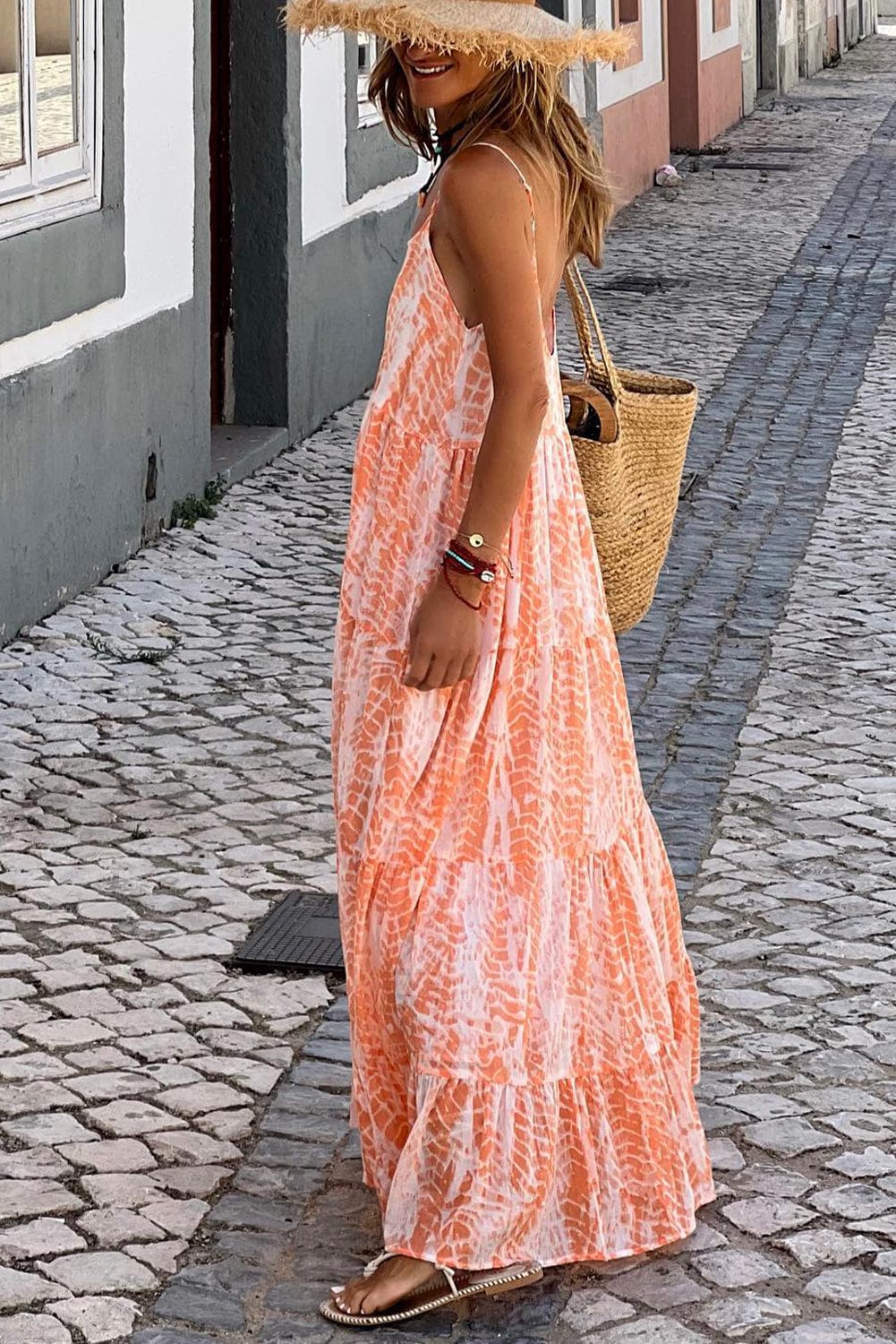Orange Abstract Print Ruffle Tiered Backless Maxi Dress