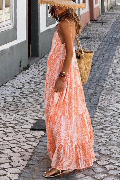 Orange Abstract Print Ruffle Tiered Backless Maxi Dress