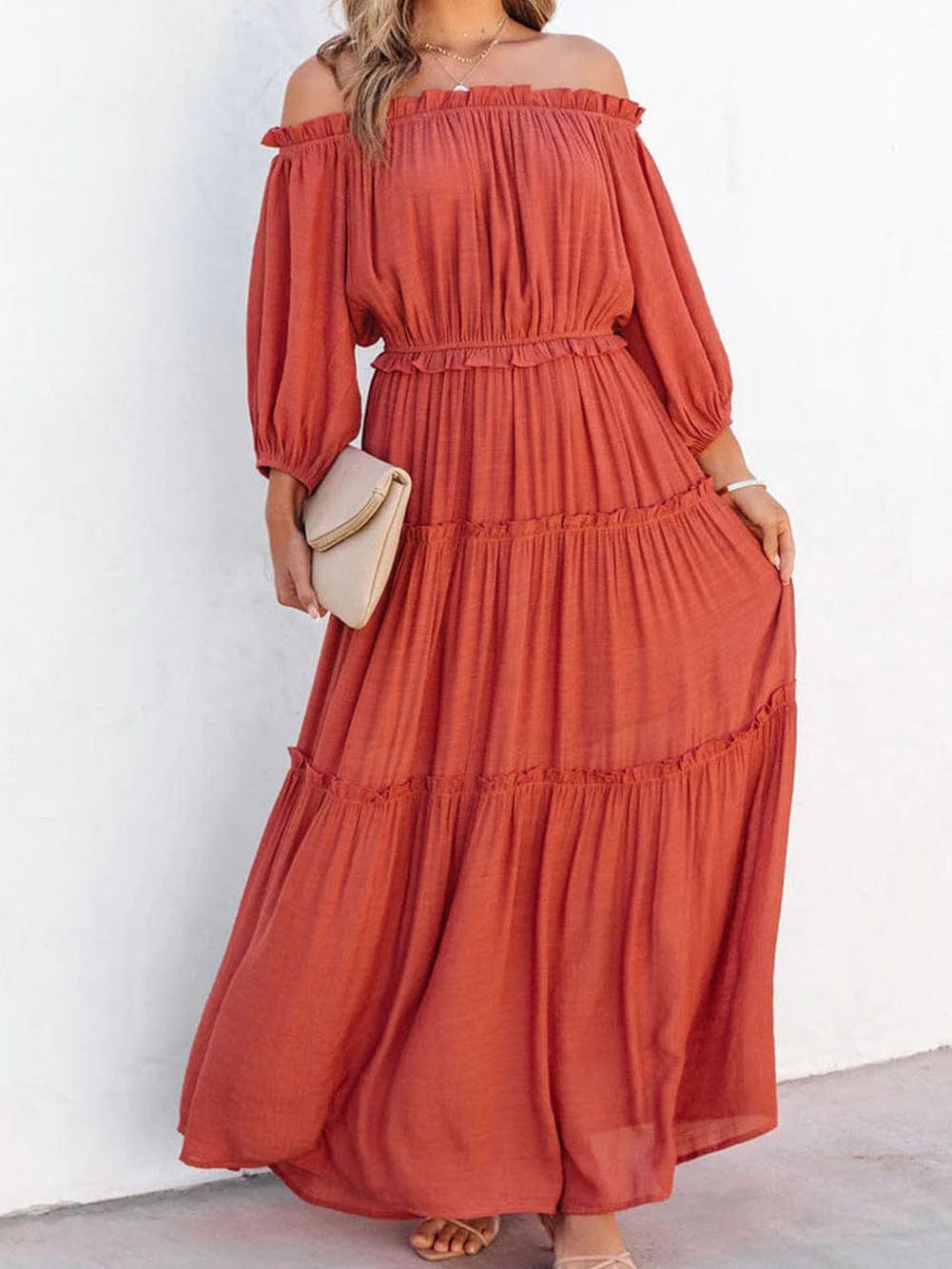 Orange Balloon Sleeve Off-Shoulder Maxi Dress with Cutout Detail