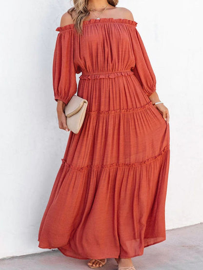 Orange Balloon Sleeve Off-Shoulder Maxi Dress with Cutout Detail