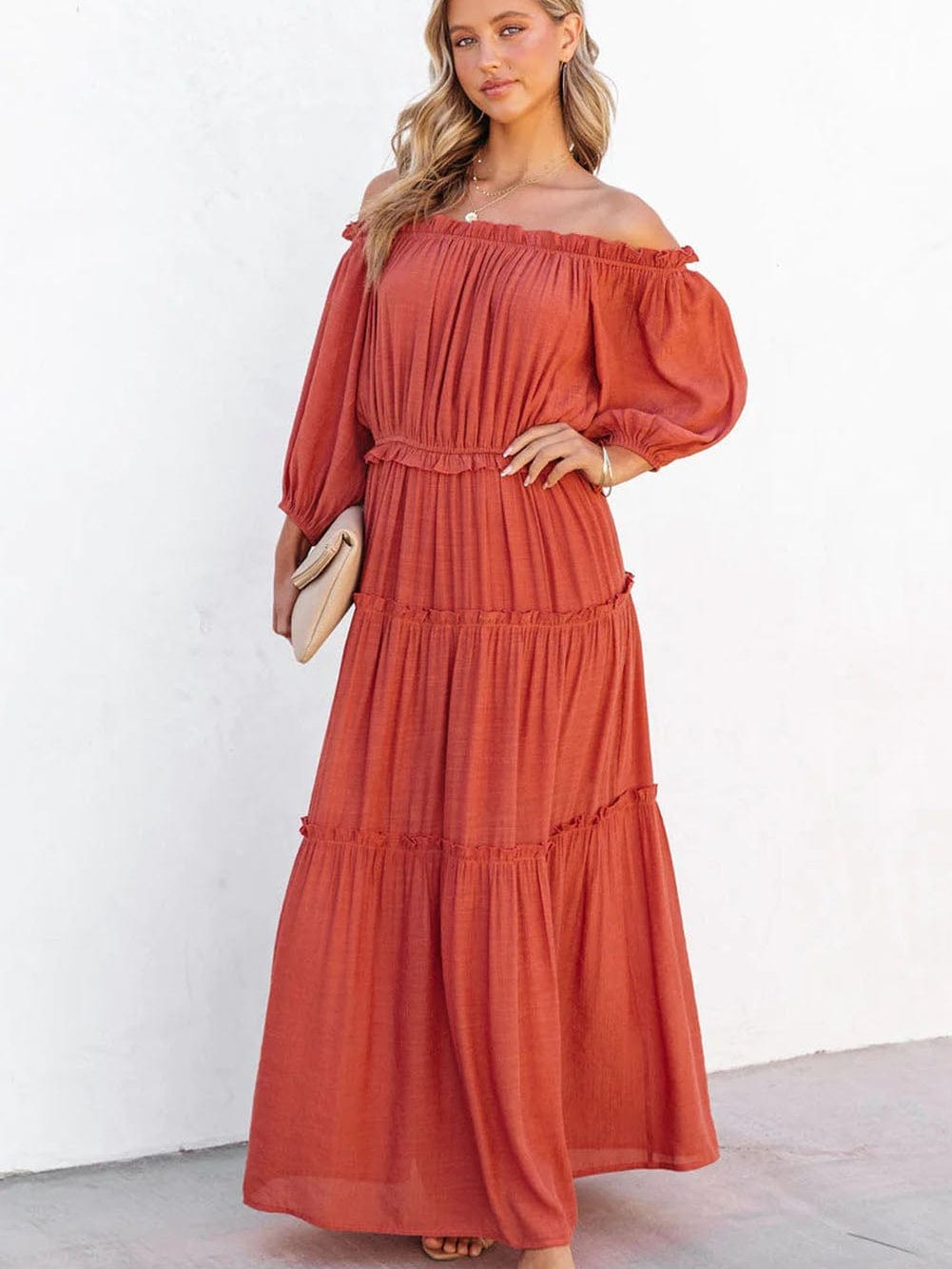Orange Balloon Sleeve Off-Shoulder Maxi Dress with Cutout Detail