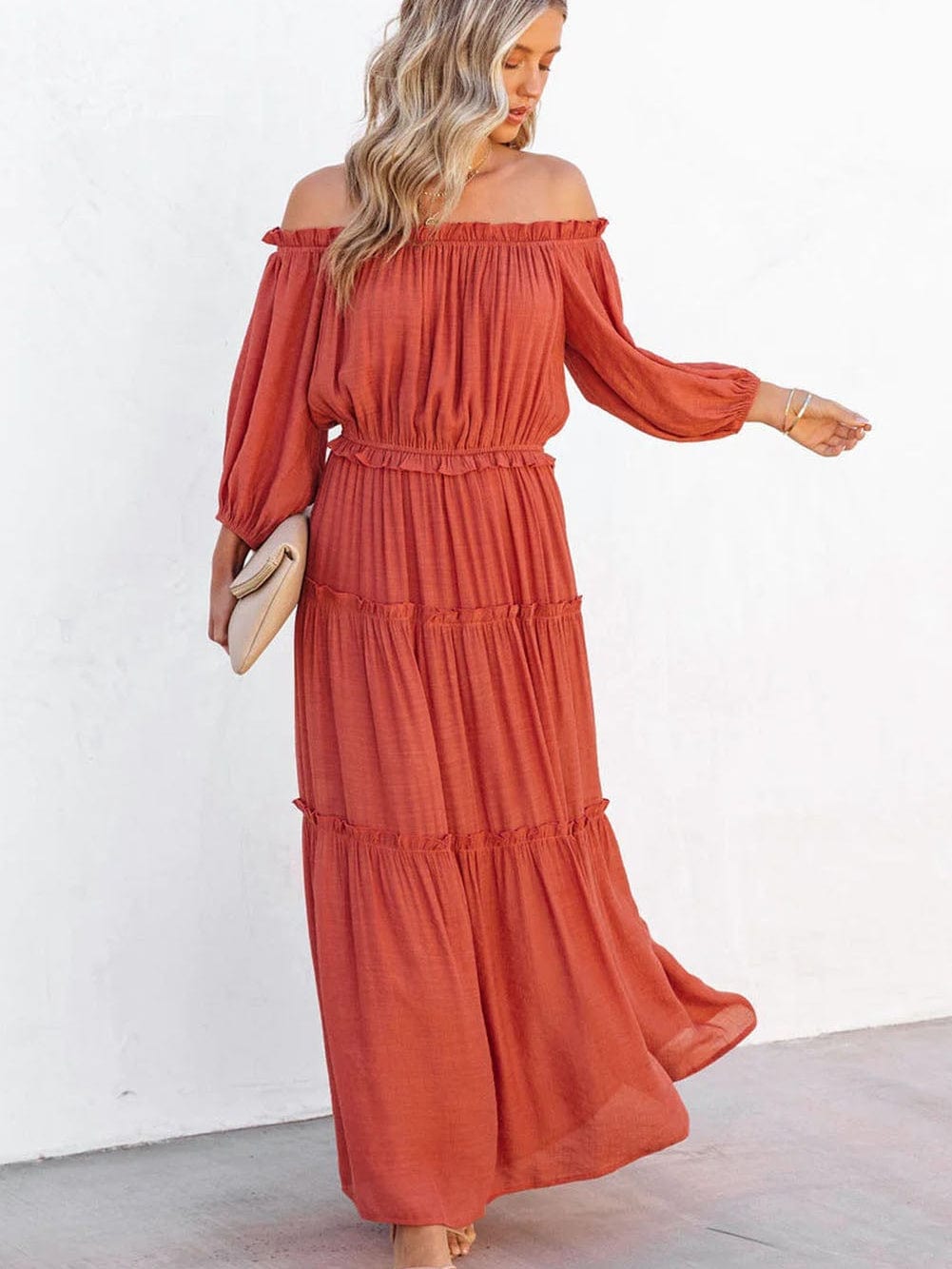 Orange Balloon Sleeve Off-Shoulder Maxi Dress with Cutout Detail