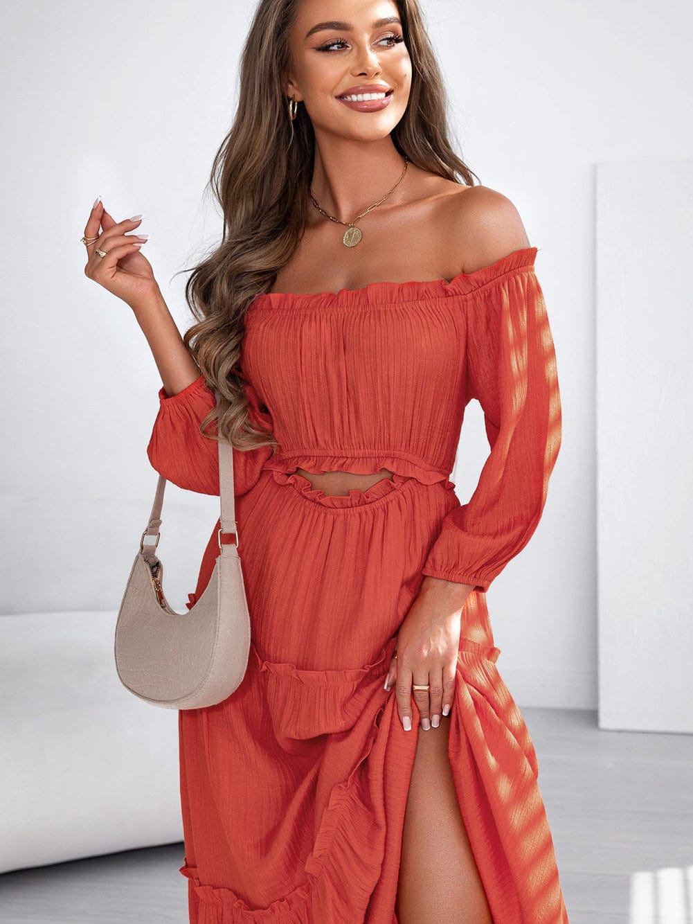 Orange Balloon Sleeve Off-Shoulder Maxi Dress with Cutout Detail