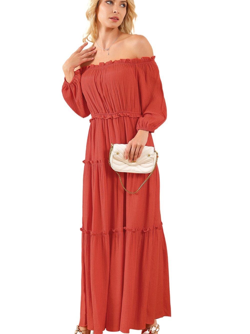 Orange Balloon Sleeve Off-Shoulder Maxi Dress with Cutout Detail