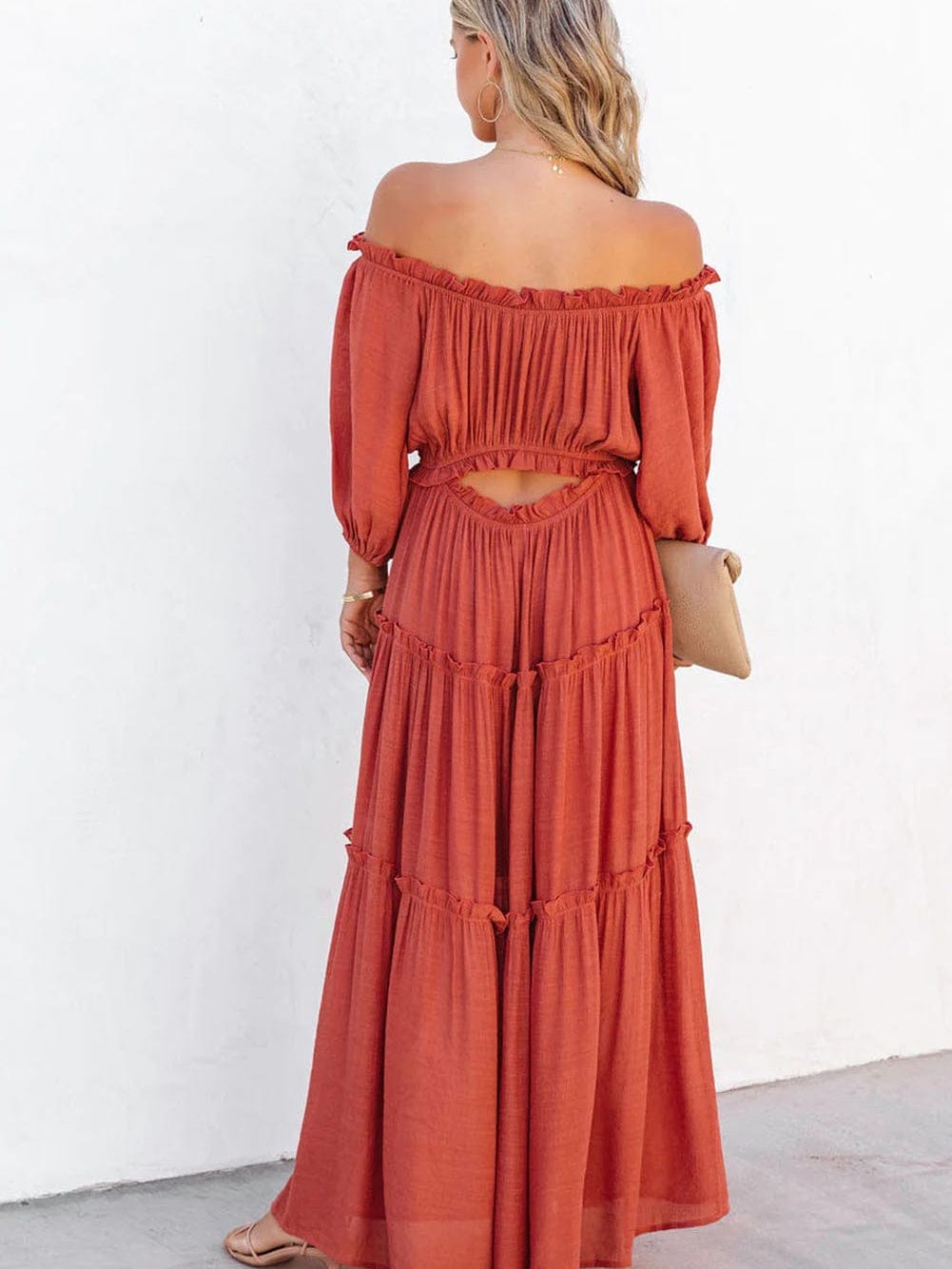 Orange Balloon Sleeve Off-Shoulder Maxi Dress with Cutout Detail