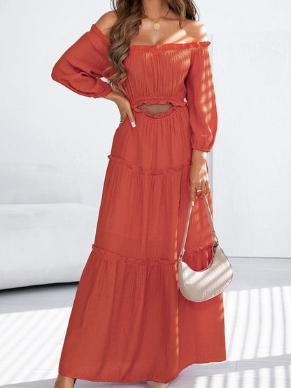 Orange Balloon Sleeve Off-Shoulder Maxi Dress with Cutout Detail