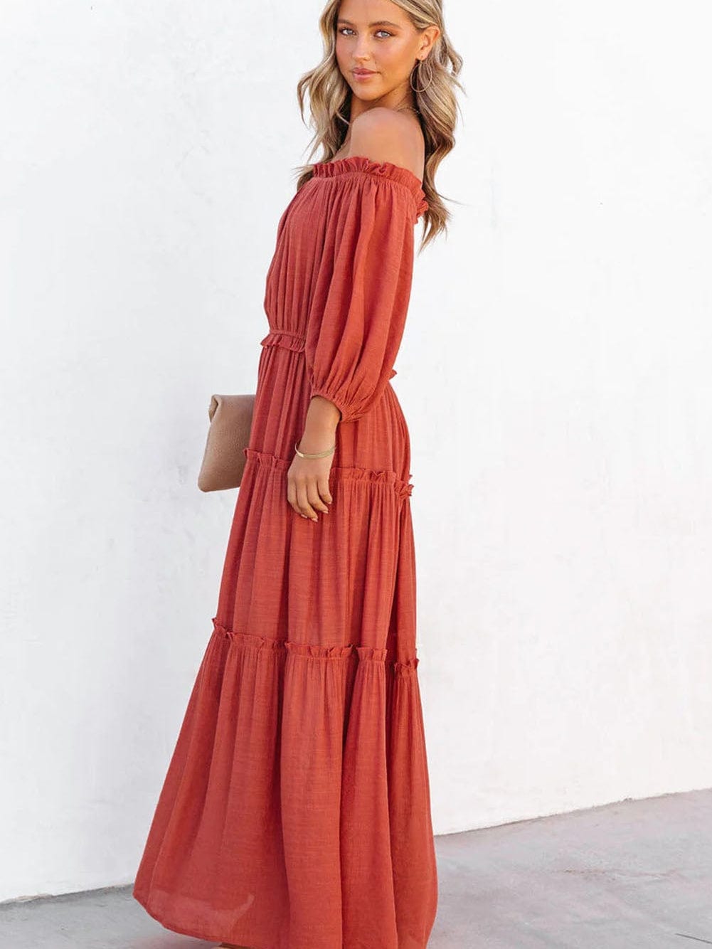 Orange Balloon Sleeve Off-Shoulder Maxi Dress with Cutout Detail